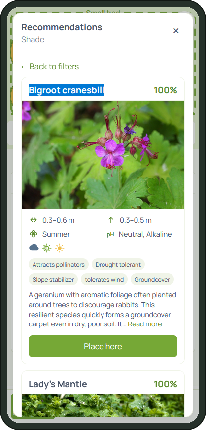 Floredo mobile prototype showing plant recommendations for a garden